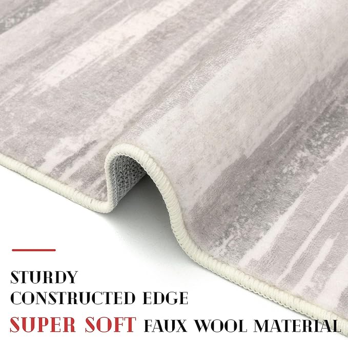 Modern Abstract Entryway Rug Indoor 2x3 Neutral Washable Non-Slip Soft Small Area Rug Light Beige and Grey Kitchen Mat Thin Print Faux Wool Floor Carpet for Entrance Bedroom