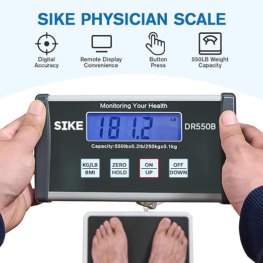 SIKE Digital Physician BMI Scale, Medical Floor Scale for Body Weight, 550 lb Limit Professional Weight Scale, Portable Easy to Read Digital Display, Heavy Duty, 12.5" x 12" Platform