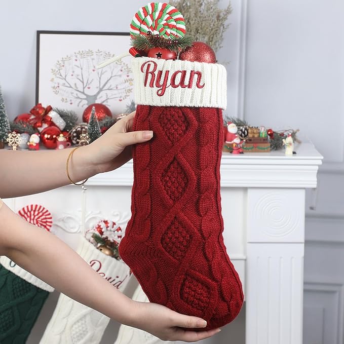 Personalized Christmas Stockings,Custom Embroidered Name+Logo Xmas Knitted Stockings 18'',Holiday and Family Stocking for Fireplace Christmas Holiday Party Decoration 1-6Pack（White）