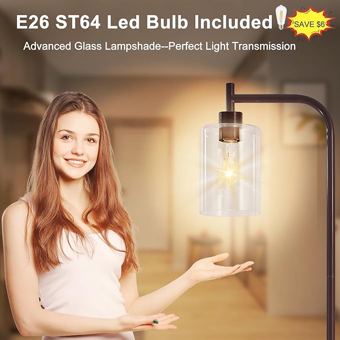 DLLT Floor Lamp Tall for Room: Brown Standing Lamp with Clear Glass Lampshade for Living Room - Modern Bright Lamp for Bedroom - Industrial Corner Floor Lamps for Office 8W Led Bulb Included