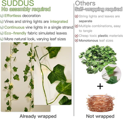 suddus Vine with Fairy Lights Battery Operated, 13.1ft 40 LED Ivy String Light with Remote, Leaf Lights for Bedroom, Room, Wall, Garden, Party, Wedding Decor (Warm White)