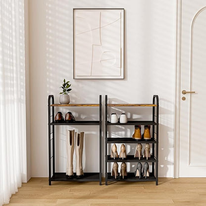 Shoe Rack, 5-Tier Shoe Organizer with Guardrails, Heavy-Duty Metal Mesh Shelves & Rustic Wooden Top for Stylish Closet & Front Door Storage