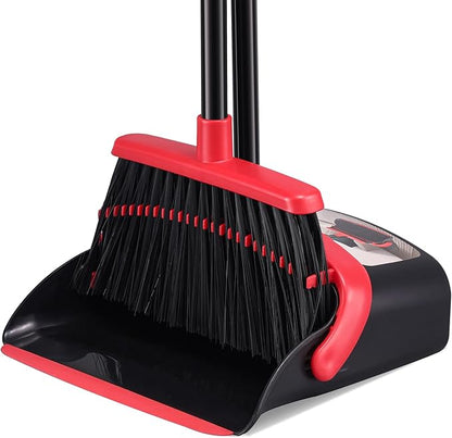 Broom with Dustpan Combo Set, Hand Broom and Dustpan Set for Sweeping Indoor Angle Broom for Home Office Kitchen Lobby Floor Pet Hair Indoor&Outdoor Cleaning (Black&Red)