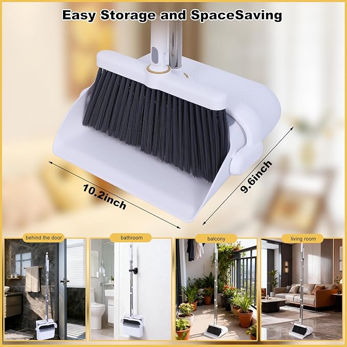Upgrade Broom with Dustpan Combo Set Heavy Duty, Ergonomic Adjustable Handle, Cleaning Teeth, Ideal for Pets, Indoor and Outdoor Sweeping（White）