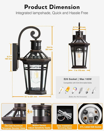 2 Pack Motion Sensor Outdoor Porch Lights Wall Mount, Oil Rubbed Bronze Outside Garage Lights Wall Lantern, Dusk to Dawn Exterior Lighting Fixtures, Anti-Rust Outside Sconce Light for Patio