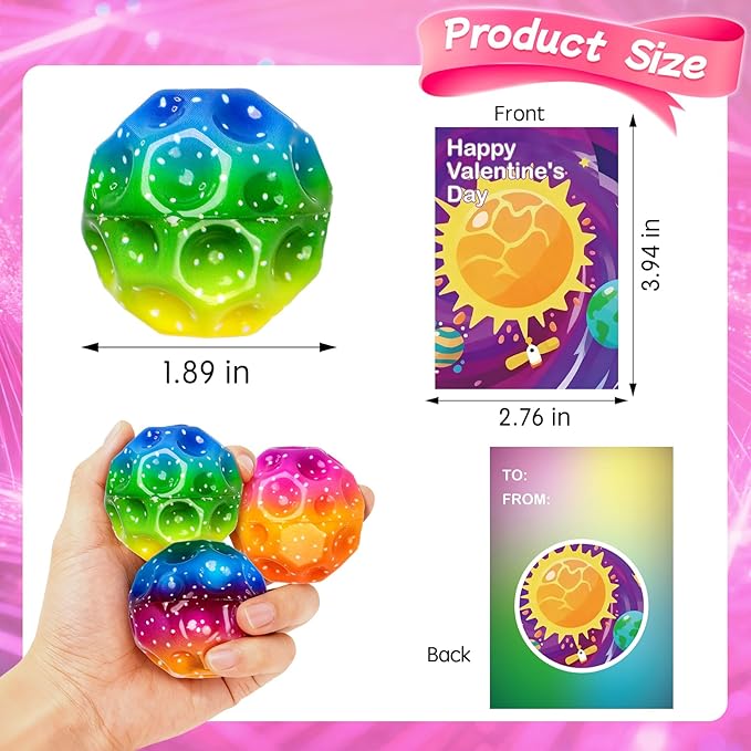 24 Pcs Valentine’s Day Gift Moon Bouncy Balls Bulk with Cards Multicolored Stress Space Balls Party Favors School Classroom Exchanges Goodie Bags Outdoor Sport Toys for Toddlers Boys Girls Kids Teens