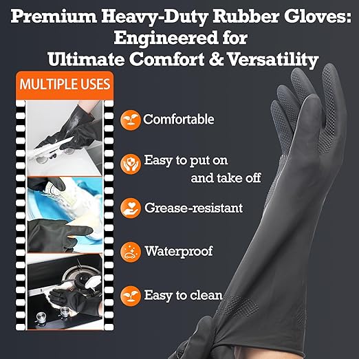 Thick Rubber Cleaning Gloves - 3 Pairs Black Rubber Gloves for Dishwashing Large, Non-Slip Kitchen Gloves for Washing Dishes, Reusable Cleaning Gloves, Waterproof, Heavy-Duty (3P,L)