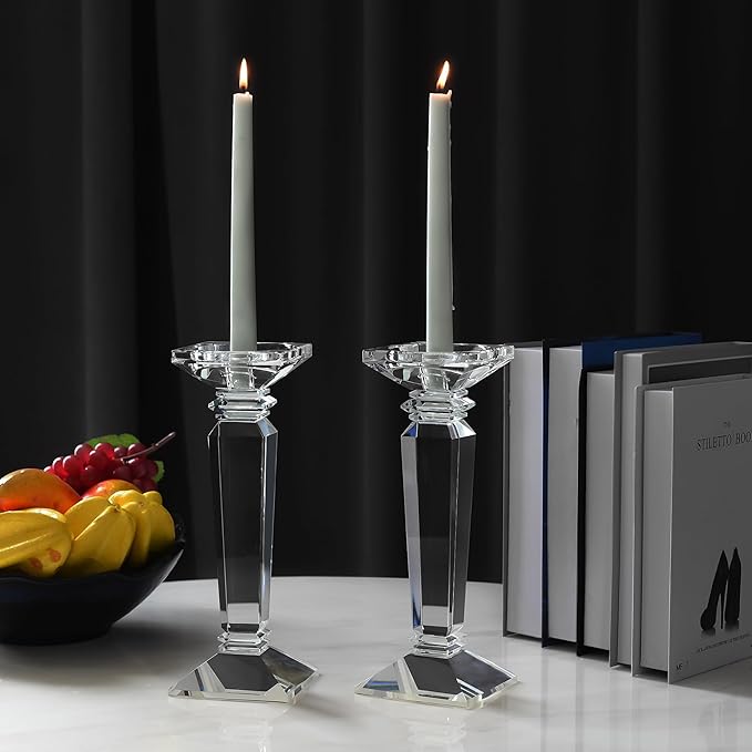 Crystal Candlestick Holders 2 Pack- Clear Crystal Taper/Pillar Candles Holder– Table Centerpieces for Party and Wedding Decoration(10.6in Tall)