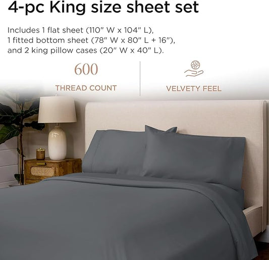 Threadmill 100% Cotton Sheets for King Size Bed - 600 Thread Count King Bed Sheets Set with 16” Deep Pocket - Sateen Weave 4-Piece Bedding Set with Cooling Effect, Dark Grey