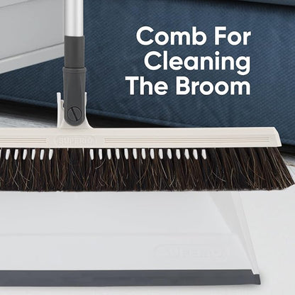 Superio 18" Horse Hair Upright Broom and 16" Dustpan with Comb – Narrow Thin Dust Broom for Dog Hair – Telescopic Handle – Floor Cleaning Set for Hardwood & Tile – Gray/White