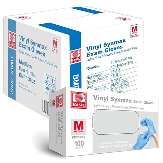 Jointown Medical Synmax Vinyl Exam Gloves - Latex-Free & Powder-Free - Medium, BMPF-3002(Case of 1000,Blue)
