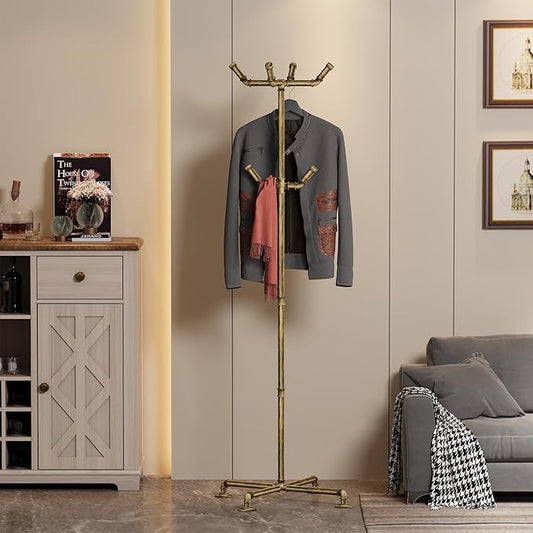 Industrial Coat Rack, Metal Pipe Coat Rack Stand Freestanding with 6 Hooks, Heavy Duty Coat Tree Sturdy Coat Racks for Entryway, Hallway, Bedroom (Vintage gold)