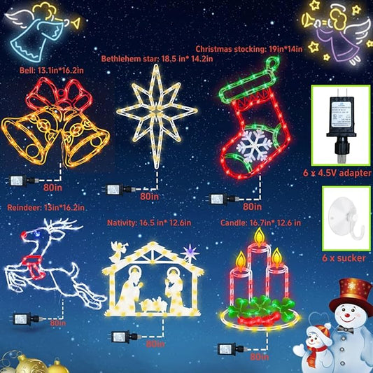 16" Christmas Window Silhouette Lights Decorations - 6 Pack Colour Lighted Reindeer ＆ Bell ＆ Nativity ＆ Candle ＆ Christmas Stocking ＆ Bethlehem Star for Holiday Wall Door Window Decorate