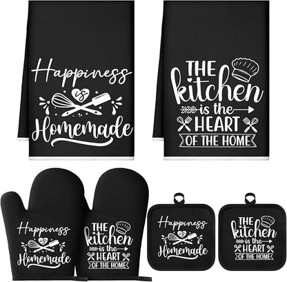 Sratte 6 Pcs Kitchen Decor Accessories Set Farmhouse Towels Pot Holders Oven Mitts Set 2 Dish Towels 2 Potholders 2 Cooking Mittens Oven Glove for Christmas Baking Cooking Supply(Black,Kitchen)