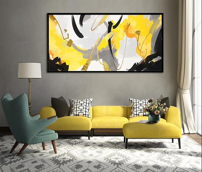 Wall Art for Living Room, Yellow and Black Abstract Canvas Wall Art, Colorful Fluid Lines Wall Decor Canvas Paintings, Black Framed Artwork Modern Paintings Pictures Wall Decor 20×40 inches