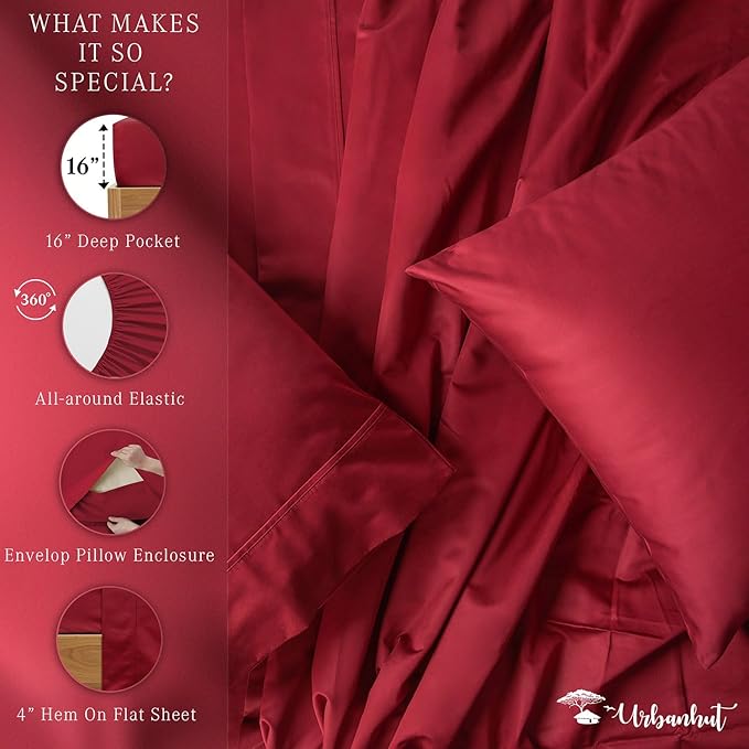 URBANHUT 800 Thread Count Egyptian Cotton Sheets Set King Size, 4 Pc Bed Sheet Sets For King Size Bed, Luxury Hotel Sateen Sheets Fits 16" Deep Pocket - Burgundy
