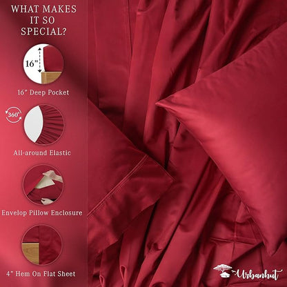 URBANHUT 800 Thread Count Egyptian Cotton Sheets Set Queen Size, Long Staple Sheets, 4 Pc Bed Sheet Sets for Queen Size Bed, Luxury Hotel Sateen Sheets Fits 16" Deep Pocket - Burgundy
