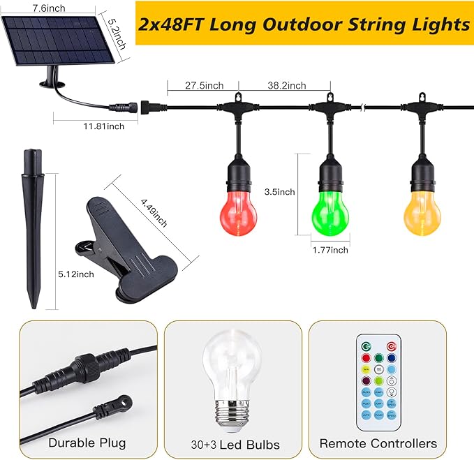 Solar Outdoor RGB String Lights, 96FT Dimmable Patio String Lights with Shatterproof Edison Bulbs, Remote, Commercial Outdoor Color Changing Lights for Cafe,Yard, Party