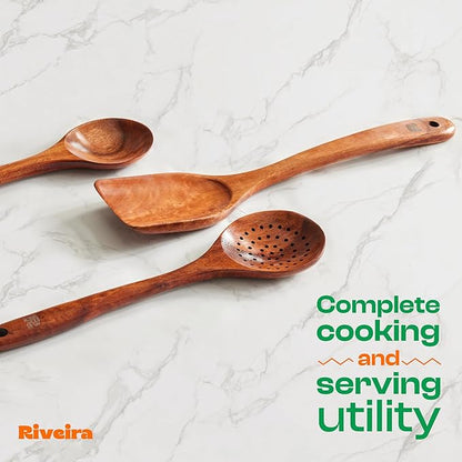 Riveira Set of 3 Dark Teak Spoons for Cooking - Wooden Kitchen Utensil Set - Non-Toxic Cooking Utensils - Wooden Spatula for Cooking - Teak Wood Utensils for Non-Stick Cookware