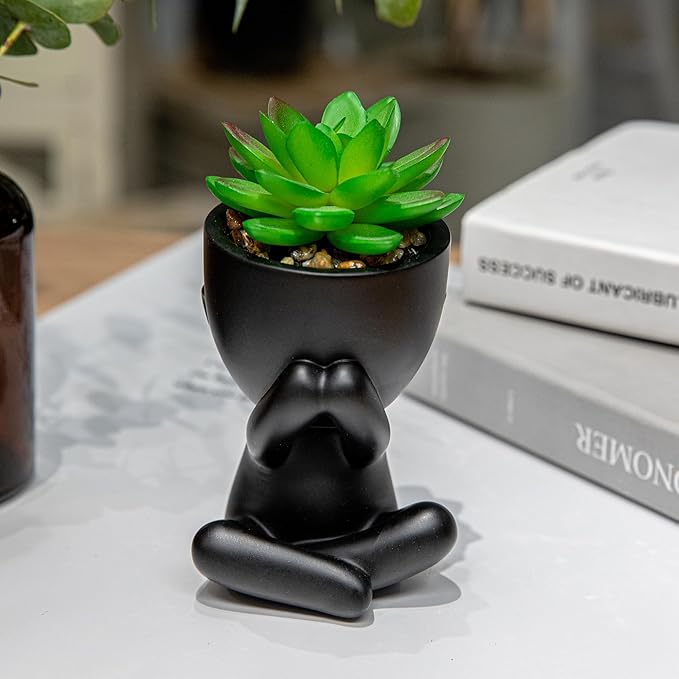 HEYO-YEPY 3PCS Cute Artificial Plant Office Decor for Women and Men, Aesthetic Desk Plant Decor for Office and Home, Potted Small Fake Plants for Indoor Decoration, Black Pots Green Plants