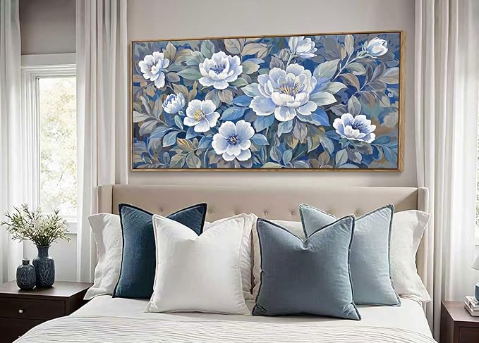 ARTZON Framed Large Wall Art for Living Room- Modern Blue and White Canvas Art Prints Peony Picture Blossom Flower Botanical Elegant Horizontal Artwork Relaxing Women Bedroom Office 48x24 Inch