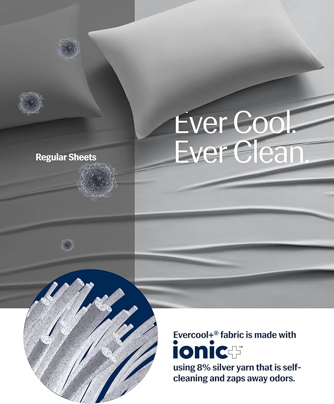 REST® Evercool®+ Starter Sheet Set, Twin, Light Gray, Breathable Bed Sheets for Hot Sleeper and Night Sweats, with Pillowcases, Ionic+ Self-Cleaning Silver Yarn for Sensitive Skin, 3PCS No Flat Sheet