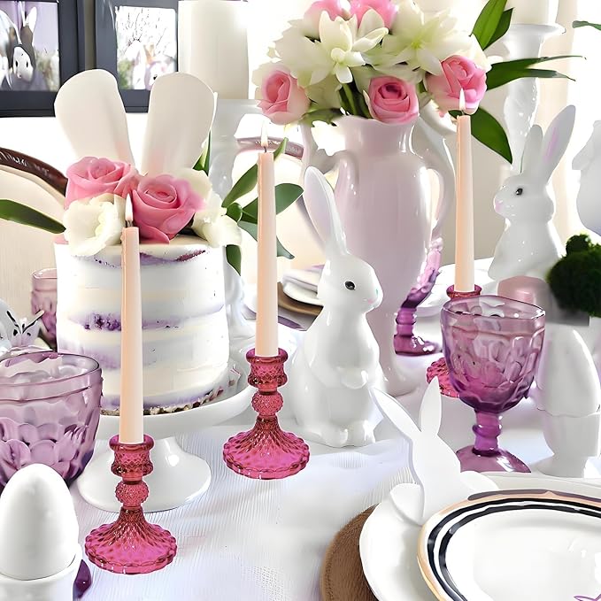 Glass Candlestick Holder,Striped Taper Candle Holders,Set of 6 Candle Stand for Table Centerpieces, Home Decor,Weddings,Festival and Parties (GCH002-Purple Dimond)