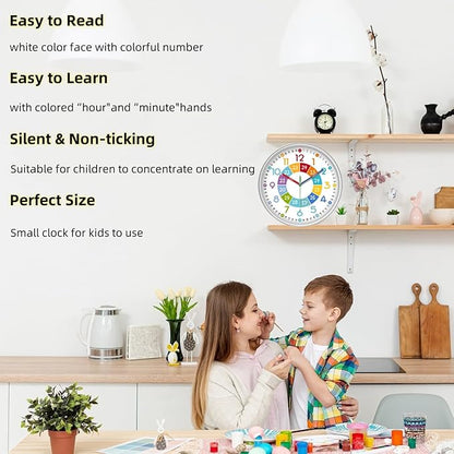 XFM Learning Clock for Kids Silent Non Ticking Battery Operated Colorful Teaching Time Clock 8 Inch Small Analog Clock for Kids Room Classroom School Playroom