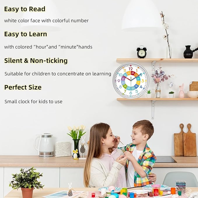 XFM Colorful Kids Analog Wall Clocks 12 inch Silent Non Ticking Battery Operated Learning Clock Modern Teaching Wall Clock for Nursery Kids Room Classroom Decor