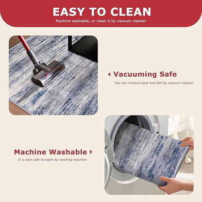 KOZYFLY Modern Abstract Rugs for Entryway 2x3, Washable Kitchen Rug Non-Slip Soft Small Bathroom Rug, Grey-Blue Striped Entryway Rugs Abstract Faux Wool Doormat for Bedside Entrance Bedroom Sink