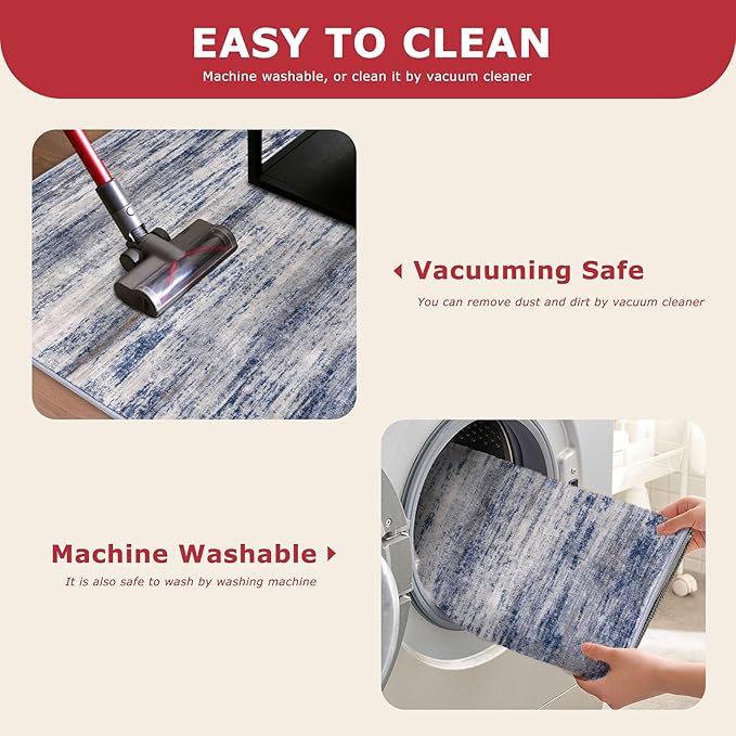 KOZYFLY Modern Abstract Washable Rug Runner 2.6x16 Hallway Rug Runner Non-Slip Soft Kitchen Runner Rugs, Grey-Blue Striped Carpet for Entryway Bathroom Laundry Room Foyer