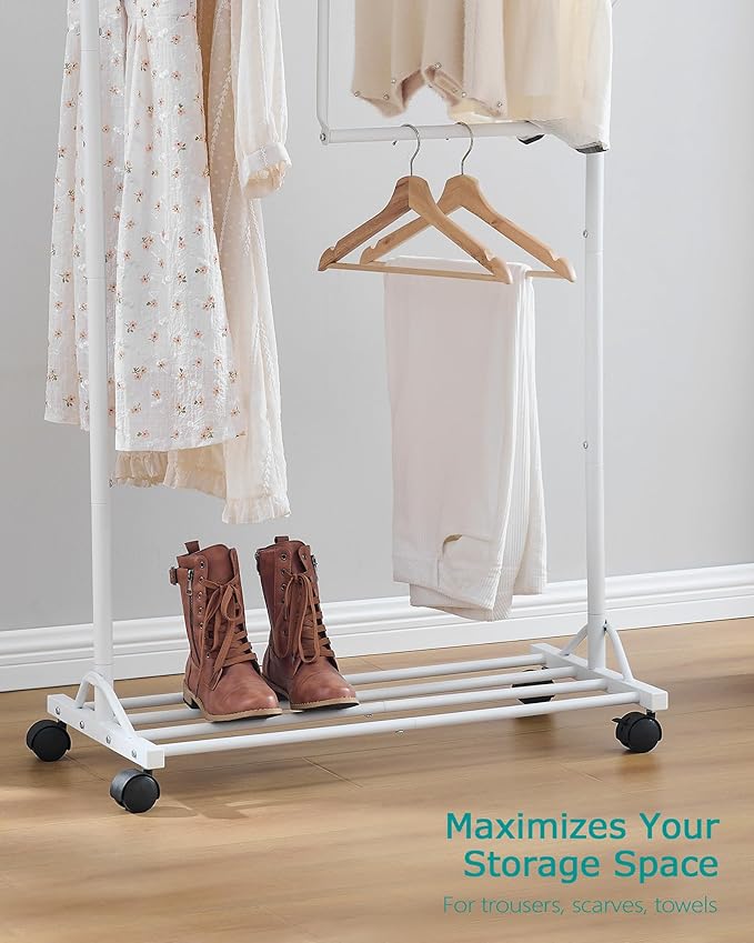 FAVOOSTY Clothing racks for hanging clothes with wheels, Adjustable Dismantle Double Rod, Heavy Duty Clothes Organizer Hanging, Pants Scarves Dress Suits, Multi-functional, Bedroom Studio White