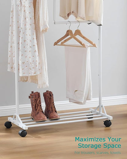FAVOOSTY Clothing racks for hanging clothes with wheels, Adjustable Dismantle Double Rod, Heavy Duty Clothes Organizer Hanging, Pants Scarves Dress Suits, Multi-functional, Bedroom Studio White