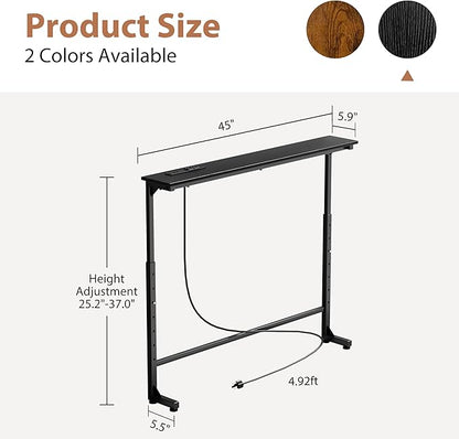 GRLEAF 45" Adjustable Height Narrow Console Table with Power Outlets, Long Sofa Table with Charging Station Behind Couch Table Skinny Entryway Table for Living Room, Hallway and Office – Black