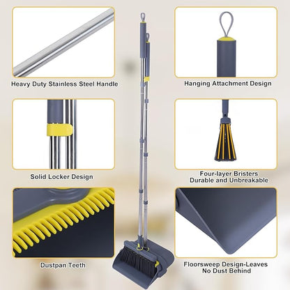 Upgrade Broom with Dustpan Combo Set Heavy Duty, Ergonomic Adjustable Handle, Cleaning Teeth, Ideal for Pets, Indoor and Outdoor Sweeping（Gray）