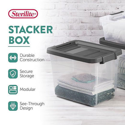 Sterilite 18-Pack Modular Stacker Box, Durable Clear Plastic Storage Bins with Latching Lids, 30 Quart - Stackable Organizing Container Boxes for Closet, Bathroom, and Office
