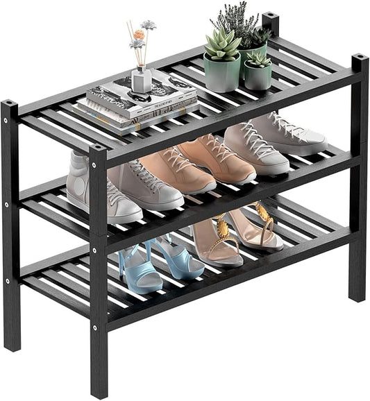3 Tier (Thick) Bamboo Shoe Rack for Entryway, Small Wood Shoe Shelf Storage Organizer for Closet, Shoe Stand for Hallway, Stackable and Sturdy 27"x12"x21" Black