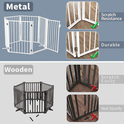 Metal Freestanding Dog Gates with Door for Outdoor Indoor,40'' Extra Wide 36'' Tall Free Standing Dog Gate for Doorways,Large Openings,Deck,Yard,Porch,Foldable Safety Pet Fence(White,2 Panels)