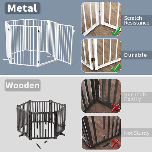 Metal Freestanding Dog Gates with Door for Outdoor Indoor,40'' Extra Wide 36'' Tall Free Standing Dog Gate for Doorways,Large Openings,Deck,Yard,Porch,Foldable Safety Pet Fence(White,2 Panels)