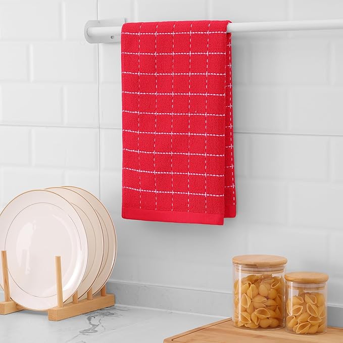 Mordimy 100% Cotton Terry Cloth Kitchen Towels, Super Soft and Absorbent Dish Towels for Drying, Checkered Designed Hand Towels for Kitchen, 16 x 26 Inches, 6 Pack, Red