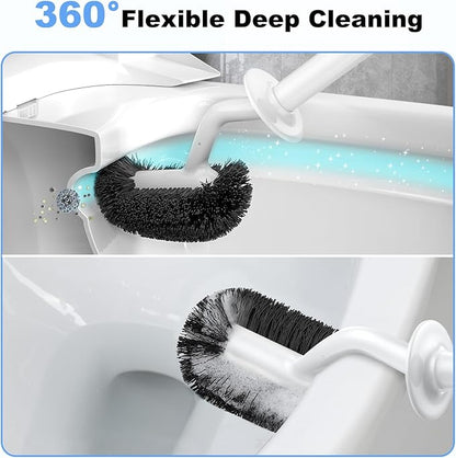 HAMITOR Toilet Bowl Brush Holder Set: Curved Design with Holder for Deep Cleaning Under Rim - Compact Hidden Scrubber for Small Space - Modern RV Bathroom Accessories - White