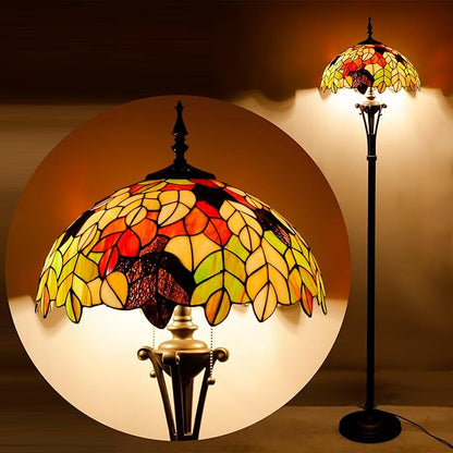Tiffany Floor Lamp Maple Leaf Stained Glass Standing Reading Light 16X16X70 Inches Antique Pole Corner Lamp Decor Bedroom Office Living Room