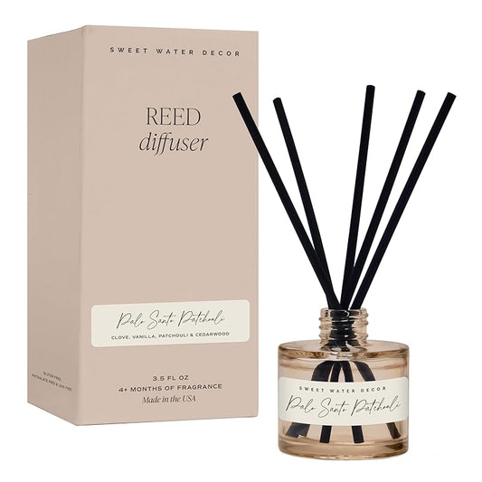 Sweet Water Decor Palo Santo Patchouli Reed Diffuser – Room Decor Aesthetic with Long-Lasting Premium Fragrance of Clove, Nutmeg, Cedarwood for 4 Months – Ideal for Aromatherapy and Home Decor