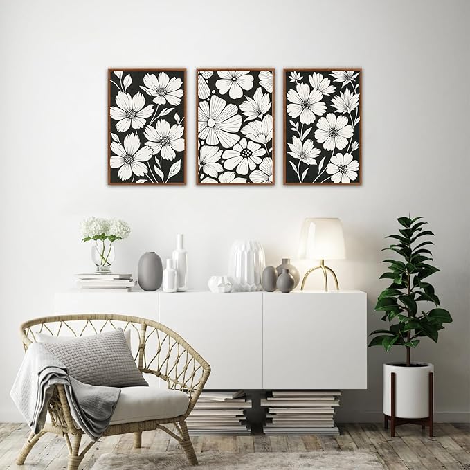 HLNIUC Abstract Black and White Framed Canvas Wall Art,White Daisy Flower Plant Poster,Modern Minimalist Floral Painting,Botanical Floral Canvas Art Print for Living Room Bedroom-16 x24 x3