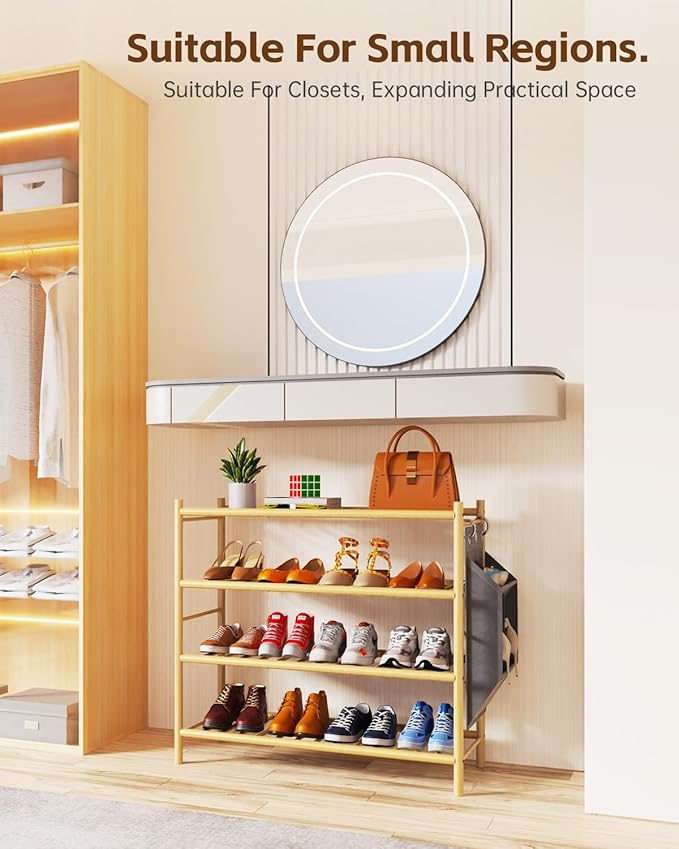 Bamboo Shoe Rack for Closet Small Wooden Shoe Organizer with Pouch, Sturdy Wood Shoe Shelf for Front Door Entrance Entryway and Outdoor, 26 inch Wide (Natural, 4-Tier)