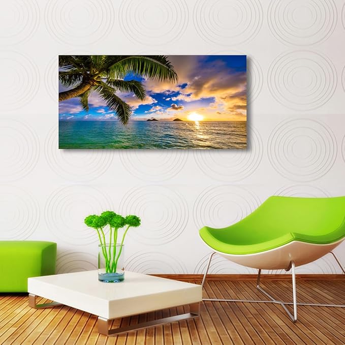 Seascape Sunset Pictures Canvas Wall Art For Living Room Bedroom Wall Decor,Palm Wall Art Print Paitnings For Home Decor,Morden Artwork Coconut Tree Canvas Art Waterproof Ready To Hang-24x48 Inches