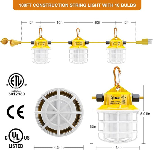 100ft LED Construction String Lights, 150W 15000LM Super Bright LED String Work Light, Construction Temporary Lights Apply to Renovation, Courtyard, Jobsite, and All Outdoor Lighting (100ft-10lights)
