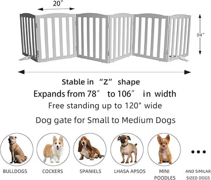 ZJSF Foldable Freestanding Indoor Dog Gate for House Wood Long Pet Gates Dog Fence for Stairs Puppy Gates for Hallways, Puppy Gate,Support Feet Included, Grey, 24 "Height-6 Panels
