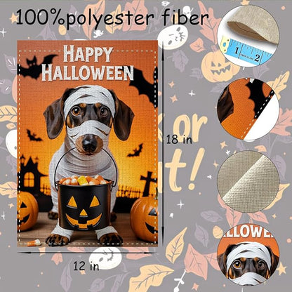 Fokongna Happy Halloween Dog Garden Flag, Halloween Pumpkin Yard Decor Flag, 12x18 Inch Burlap Vertical Double Sided Flags, for Home Yard Outside Decorations