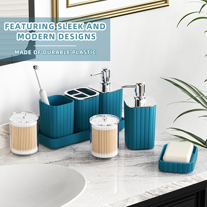 Bathroom Accessories Set - Gorgeous Bathroom Set, 10PC Teal Bathroom Accessory Set, Toilet Brush, Trash Can, Qtip Holder Dispenser & Soap Dispenser